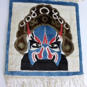 Geisha and Samurai Silk Rug Wall Hangings Vintage Small Plush Oriental Rugs with Delicate Fringe Asian Decor Japan Wall Art image 2