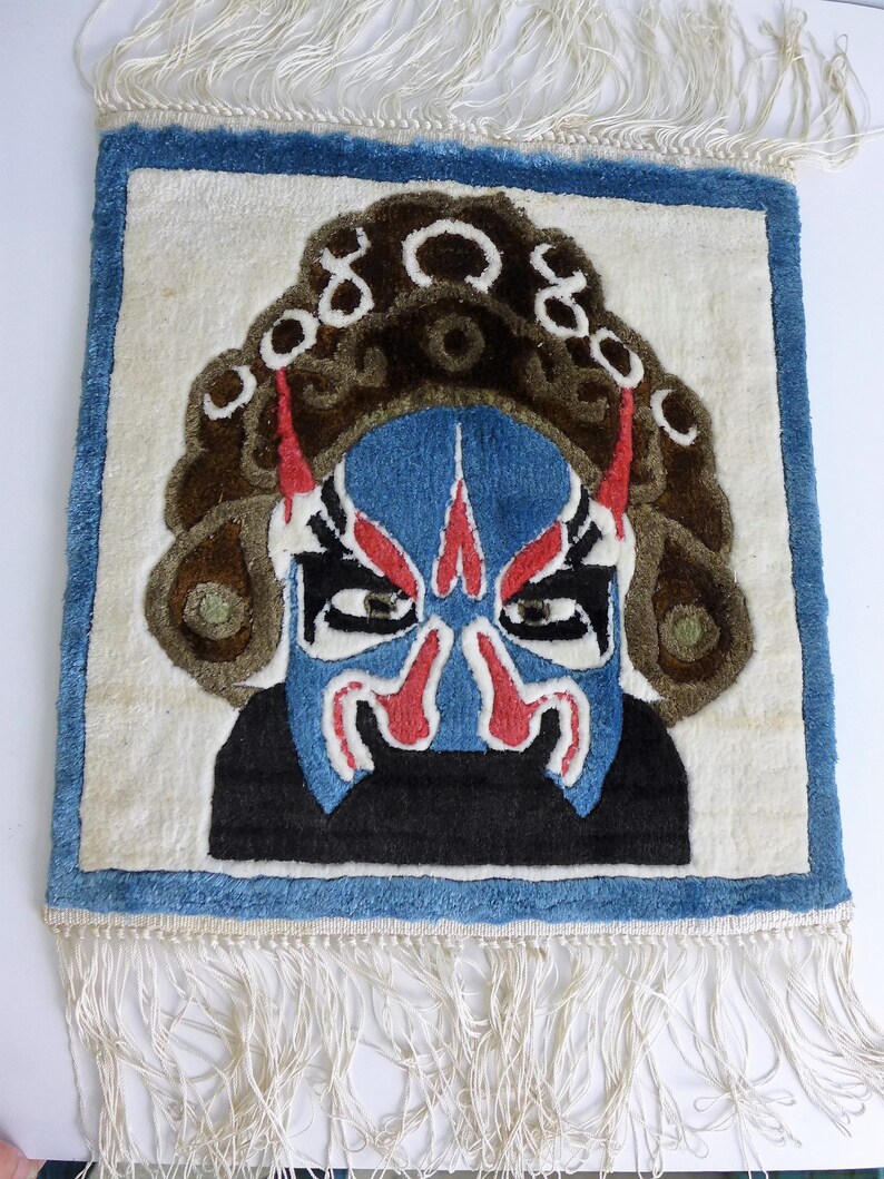 Geisha and Samurai Silk Rug Wall Hangings Vintage Small Plush Oriental Rugs with Delicate Fringe Asian Decor Japan Wall Art image 2