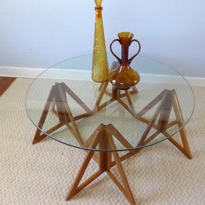 Origami Geometric Mid Century Coffee Table Quad Tripod Walnut Base with Glass Top Rare Vintage Scandinavian Cocktail Table 36 Inch Glass image 3