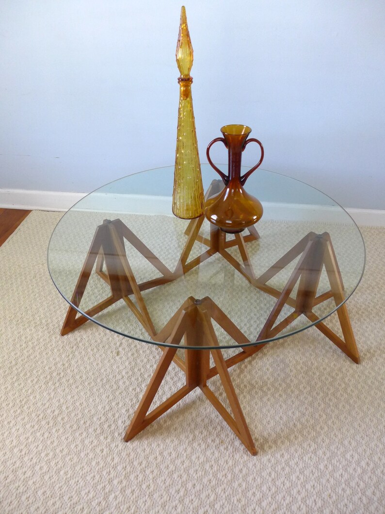 Origami Geometric Mid Century Coffee Table Quad Tripod Walnut Base with Glass Top Rare Vintage Scandinavian Cocktail Table 36 Inch Glass image 3