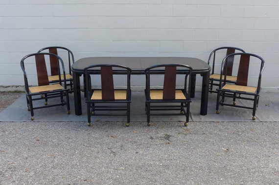 Henredon Scene III Dining Set Asian Chinoiserie Black Lacquer Burl