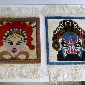Geisha and Samurai Silk Rug Wall Hangings Vintage Small Plush Oriental Rugs with Delicate Fringe Asian Decor Japan Wall Art image 1