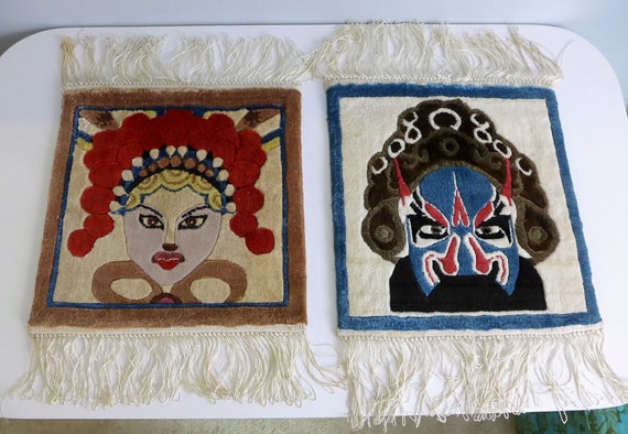 Geisha and Samurai Silk Rug Wall Hangings Vintage Small Plush Oriental Rugs with Delicate Fringe Asian Decor Japan Wall Art