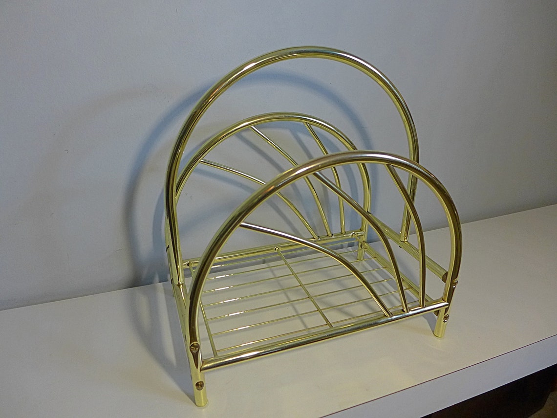 Wave Brass Magazine Rack Gold Hollywood Regency Metal Storage Etsy