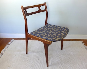 One Danish Teak Dining Chair with Open Back Vintage Desk Chair Blue Gold Tassel Upholstery Mid Century Modern Furniture