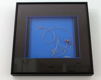 Minimalist Copper Wire Sculpture Framed Tom Mahard Sculpture Signed Abstract Art Blue Marble Face Hearts Mounted Copper Wire Art