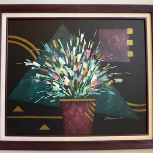 Original Postmodern Oil Painting Signed Johnson Floral Still Life Large Purple Green Gold 1980s Glam Burgundy Ribbed Wood Frame