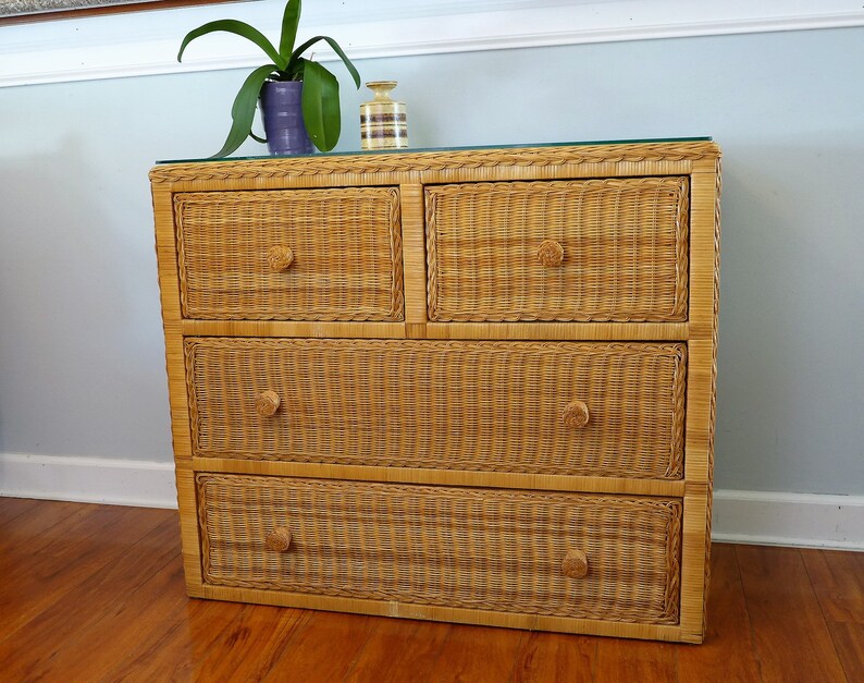 Vintage Natural Wicker 4 Drawer Dresser W Glass Top Mid Etsy