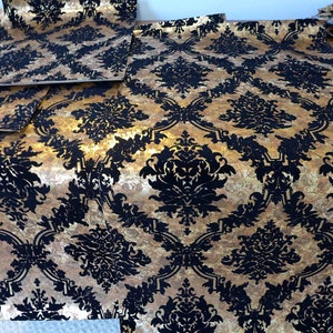 Vintage Flocked Wallpaper 4 Yards Pieces Black Medallion Gold Metallic Pebbled Background Project Lot Wall-Tex Flocks Canvas Backing IOB image 1