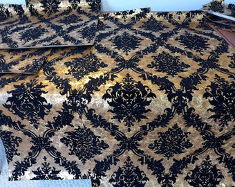 Vintage Flocked Wallpaper 4 + Yards Pieces Black Medallion Gold Metallic Pebbled Background Project Lot Wall-Tex Flocks Canvas Backing IOB