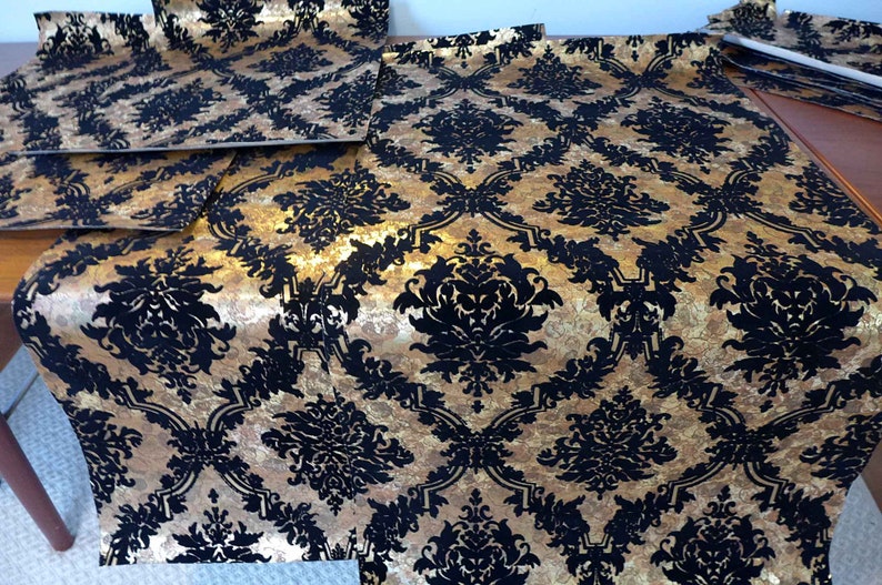 Vintage Flocked Wallpaper 4 Yards Pieces Black Medallion Gold Metallic Pebbled Background Project Lot Wall-Tex Flocks Canvas Backing IOB image 1