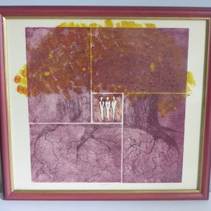 Yggdrasil Original Signed Leslie Colored Etching Limited Edition Abstract Framed Modern Art Print Tree of Life Purple Aquatint Figures