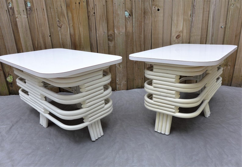 Pair Of Stacked Bamboo Side Tables White Mid Century End Paul Frankl Style Rattan Laminate Tops Bentwood Patio Furniture