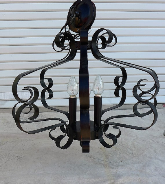 Large Gothic Revival Wrought Iron Chandelier Ornate Black Iron Etsy