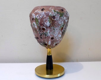 Danish Modern Pottery Sconce Lamp Lava Glaze Pierced Stoneware Ceramic Cone Light Vintage Handcrafted Brass Base