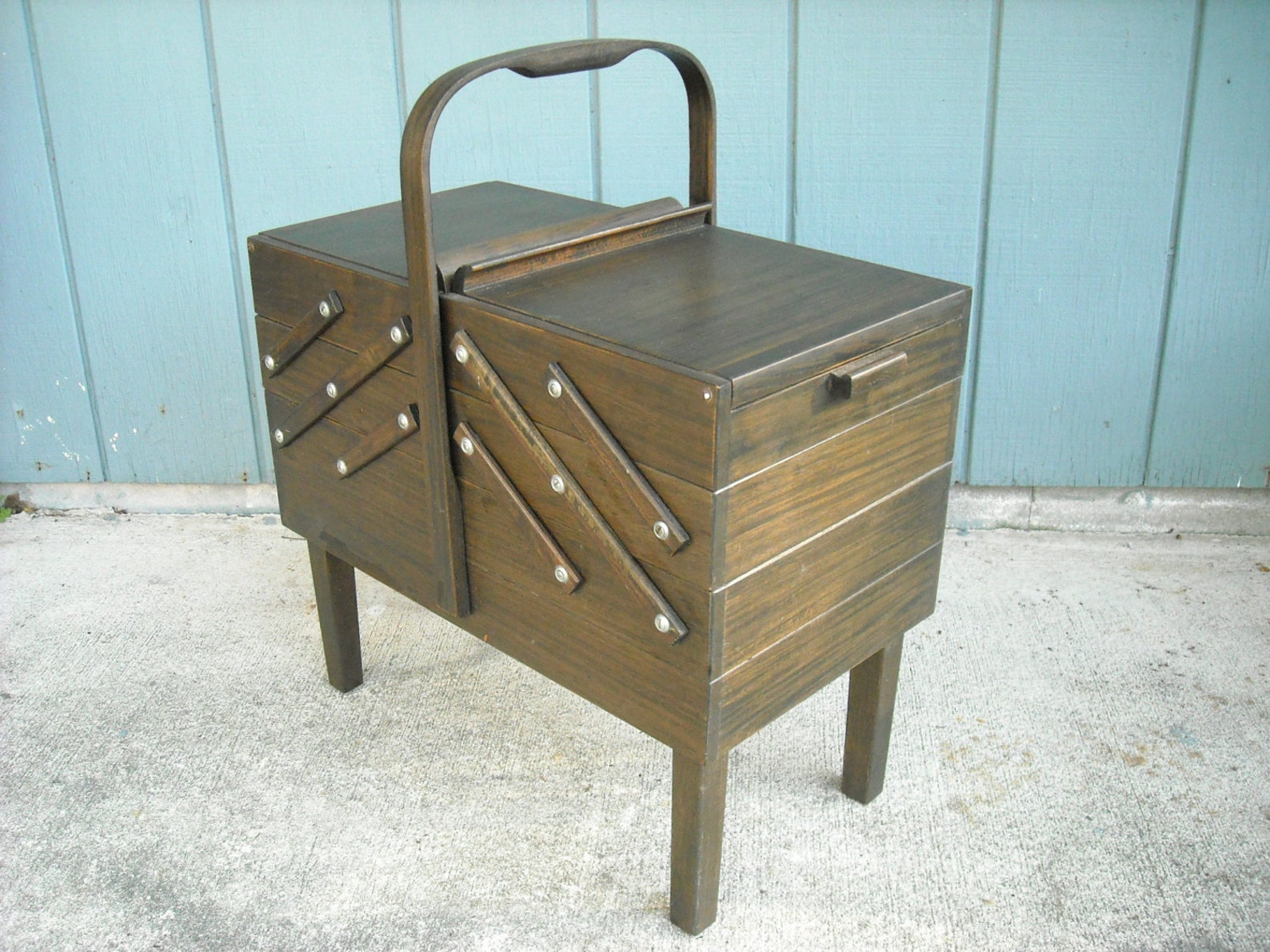 Singer Wood Accordion Style Sewing Box on Legs Folding Storage Etsy