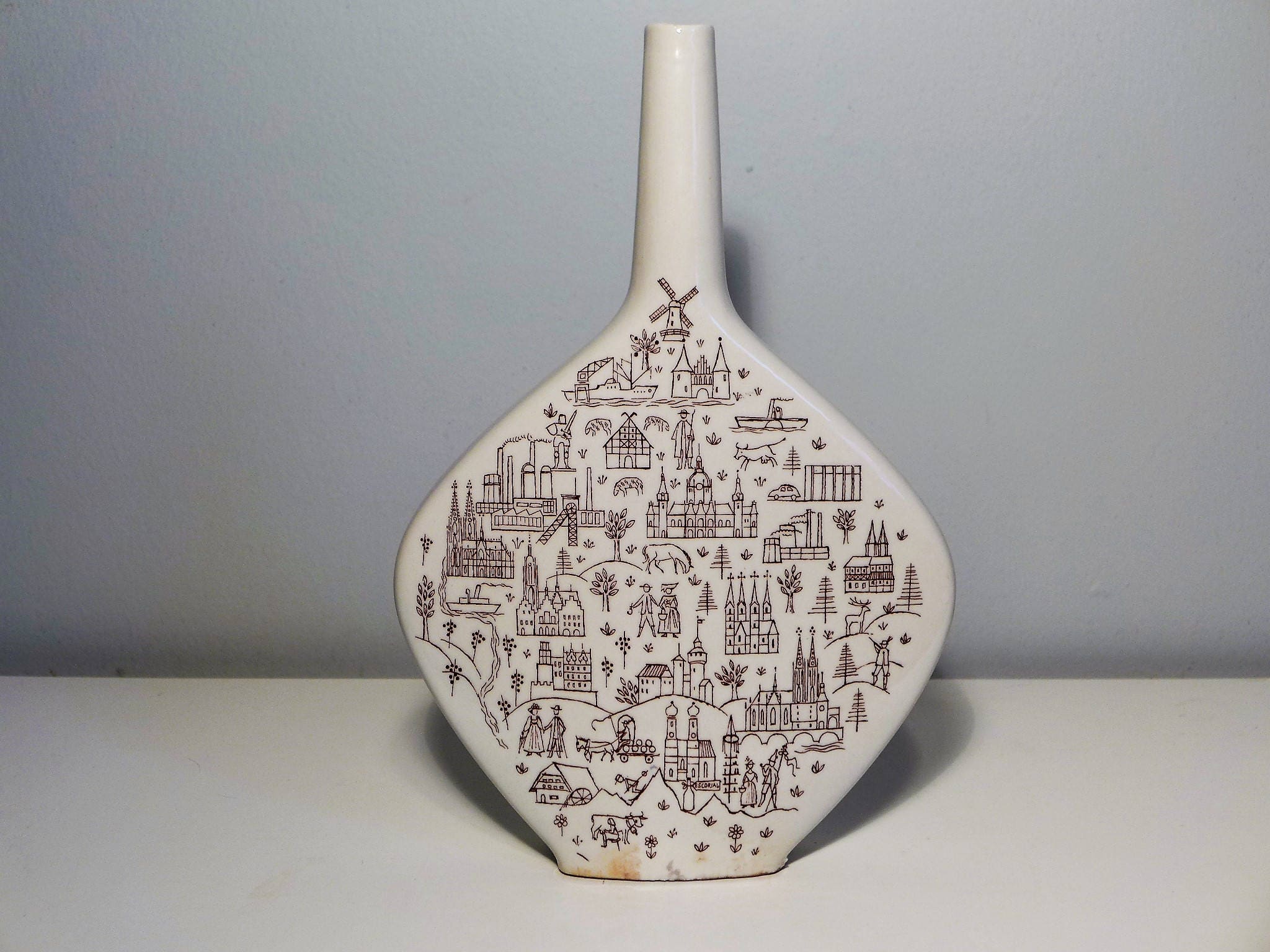 Anton Riemerschmid Ceramic Flask Decanter Vintage Mid Century Pottery Town Village Design Escorial Grun Germany Liqueur Bottle Munchen