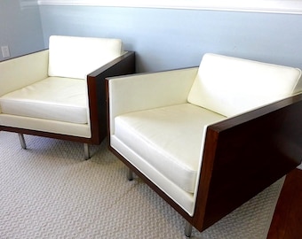 Pair of Walnut Case Cube Chairs Vintage White Leather Lounge Chairs Chrome Legs Milo Baughman Style Oversized Wood Case Chairs