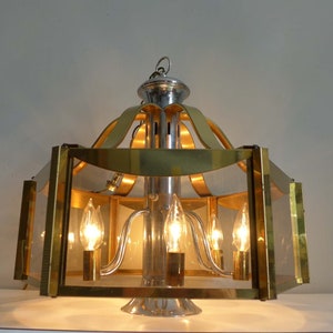 Fredrick Ramond Chandelier Brass Chrome and Smoke Glass Mid Century Hanging Lamp Hollywood Regency Lighting 1977