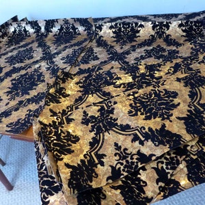 Vintage Flocked Wallpaper 4 Yards Pieces Black Medallion Gold Metallic Pebbled Background Project Lot Wall-Tex Flocks Canvas Backing IOB image 4