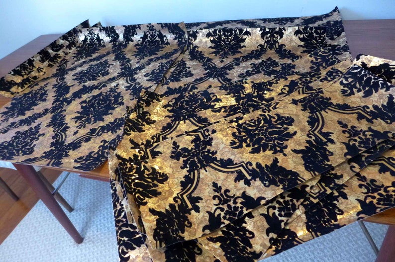 Vintage Flocked Wallpaper 4 Yards Pieces Black Medallion Gold Metallic Pebbled Background Project Lot Wall-Tex Flocks Canvas Backing IOB image 4
