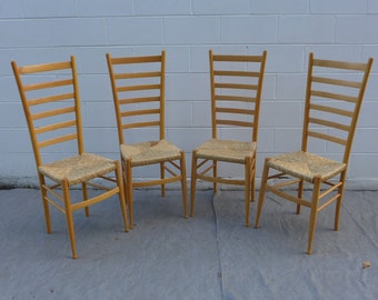 4 Gio Ponti Style Exaggerated Ladder Back Dining Chairs Wood Frame with Rush Seats Italy Natural Mid Century Modern Furniture Italian