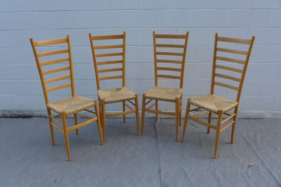 4 Gio Ponti Style Exaggerated Ladder Back Dining Chairs Wood Frame