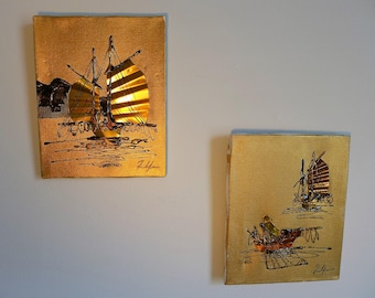 Pair of Metal Collage Sailboat Paintings Signed Brass and Copper Mid Century Modern Miniature Wall Art Junk Boats Hollywood Regency