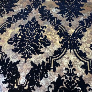 Vintage Flocked Wallpaper 4 Yards Pieces Black Medallion Gold Metallic Pebbled Background Project Lot Wall-Tex Flocks Canvas Backing IOB image 2