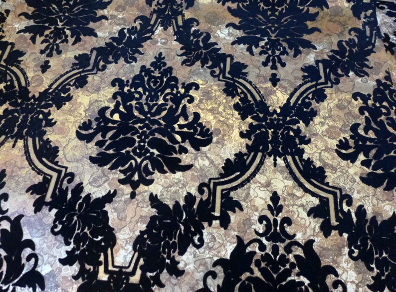 Vintage Flocked Wallpaper 4 Yards Pieces Black Medallion Gold Metallic Pebbled Background Project Lot Wall-Tex Flocks Canvas Backing IOB image 2