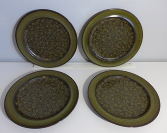4 Franciscan Madeira Dinner Plates 10.5" Vintage Earthenware Deep Green Brown Vine and Floral Pattern Mid Century Modern China Plate