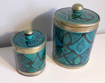 2 Moroccan Ceramic Spice Jars Signed Hand Painted Teal Blue Vintage Canisters Metal Rims with Handle Lids
