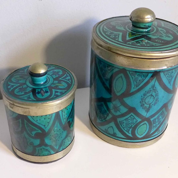 2 Moroccan Ceramic Spice Jars Signed Hand Painted Teal Blue Vintage Canisters Metal Rims with Handle Lids