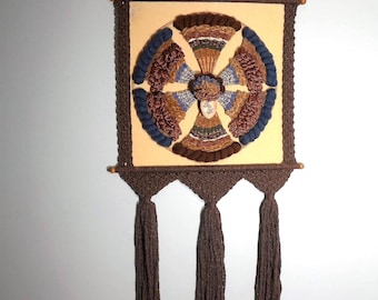Large Vintage Macrame Wall Hanging Yarn Fiber Art with Ceramic Mid Century Modern Boho Tribal Textile Weaving Natural Brown Fringe