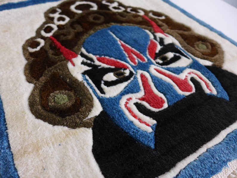 Geisha and Samurai Silk Rug Wall Hangings Vintage Small Plush Oriental Rugs with Delicate Fringe Asian Decor Japan Wall Art image 5