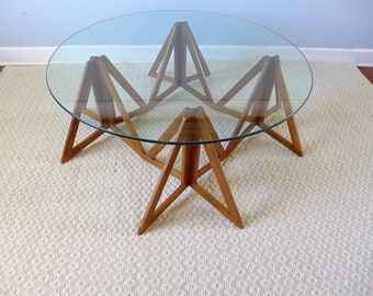 Origami Geometric Mid Century Coffee Table Quad Tripod Walnut Base with Glass Top Rare Vintage Scandinavian Cocktail Table 36 Inch Glass