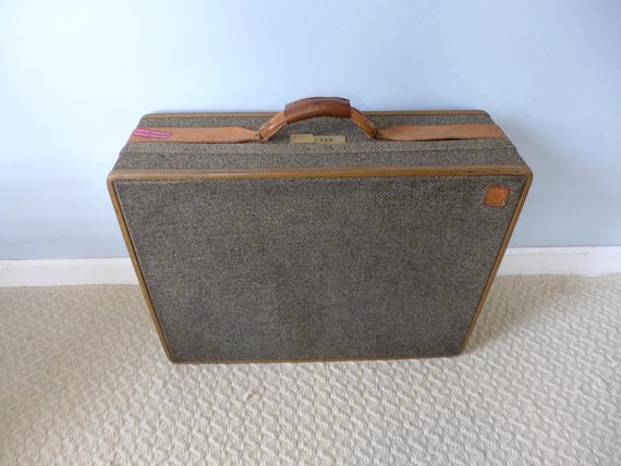 Vintage 25 Inch Hartmann Tweed Tan Leather Suitcase With Paisley