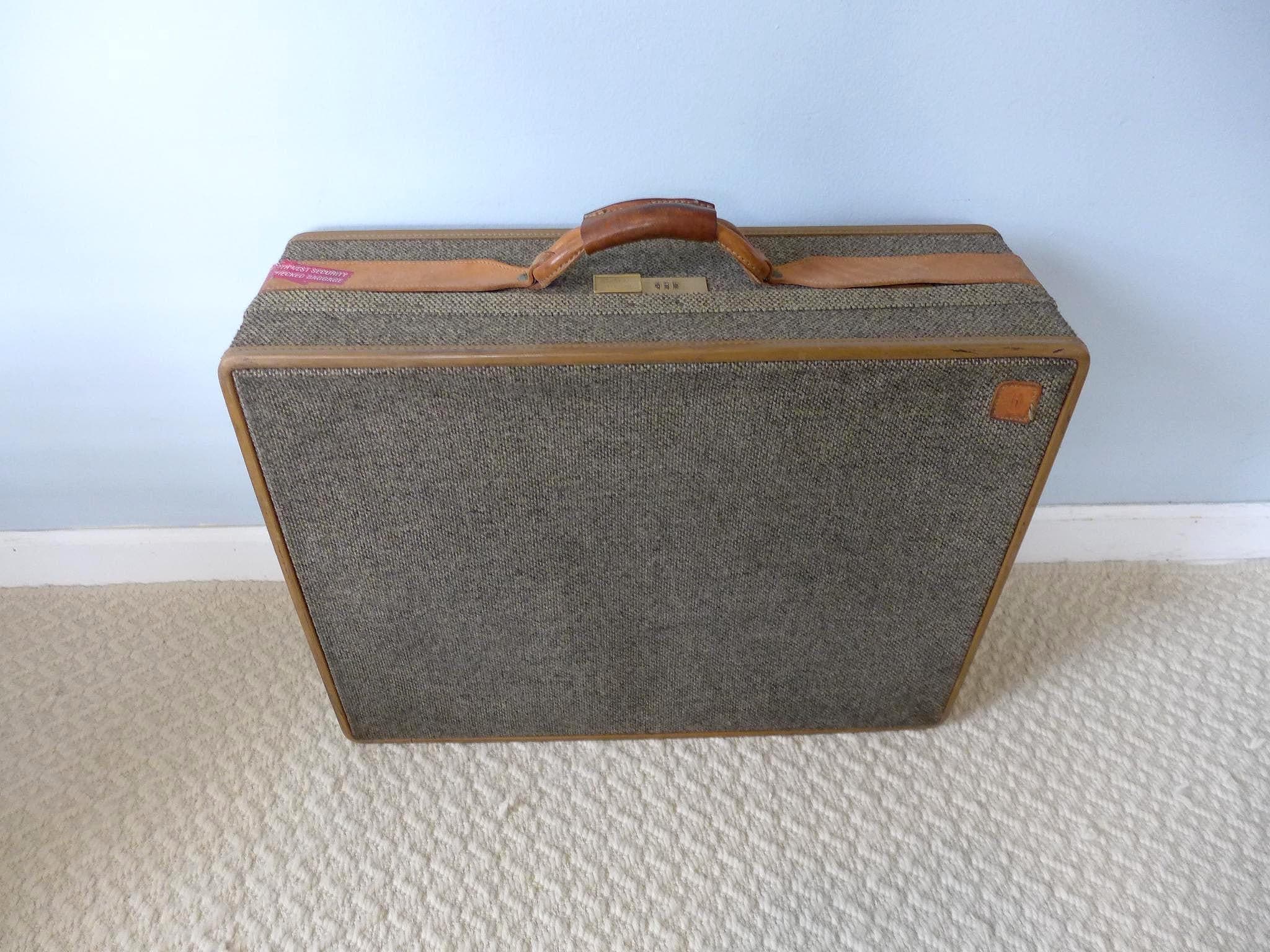 Vintage 25 Inch Hartmann Tweed Tan Leather Suitcase With Paisley