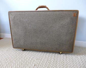 Vintage 32 Inch Hartmann Pullman Tweed Tan Leather Rolling Suitcase Toile Lining Brass Hardware Locking Combination Luggage HUGE