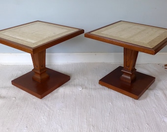 Pair of Hekman Marble Top End Tables 2 Vintage Square Pedestal Side Tables Hollywood Regency Travertine Top Plant Stand Small Table