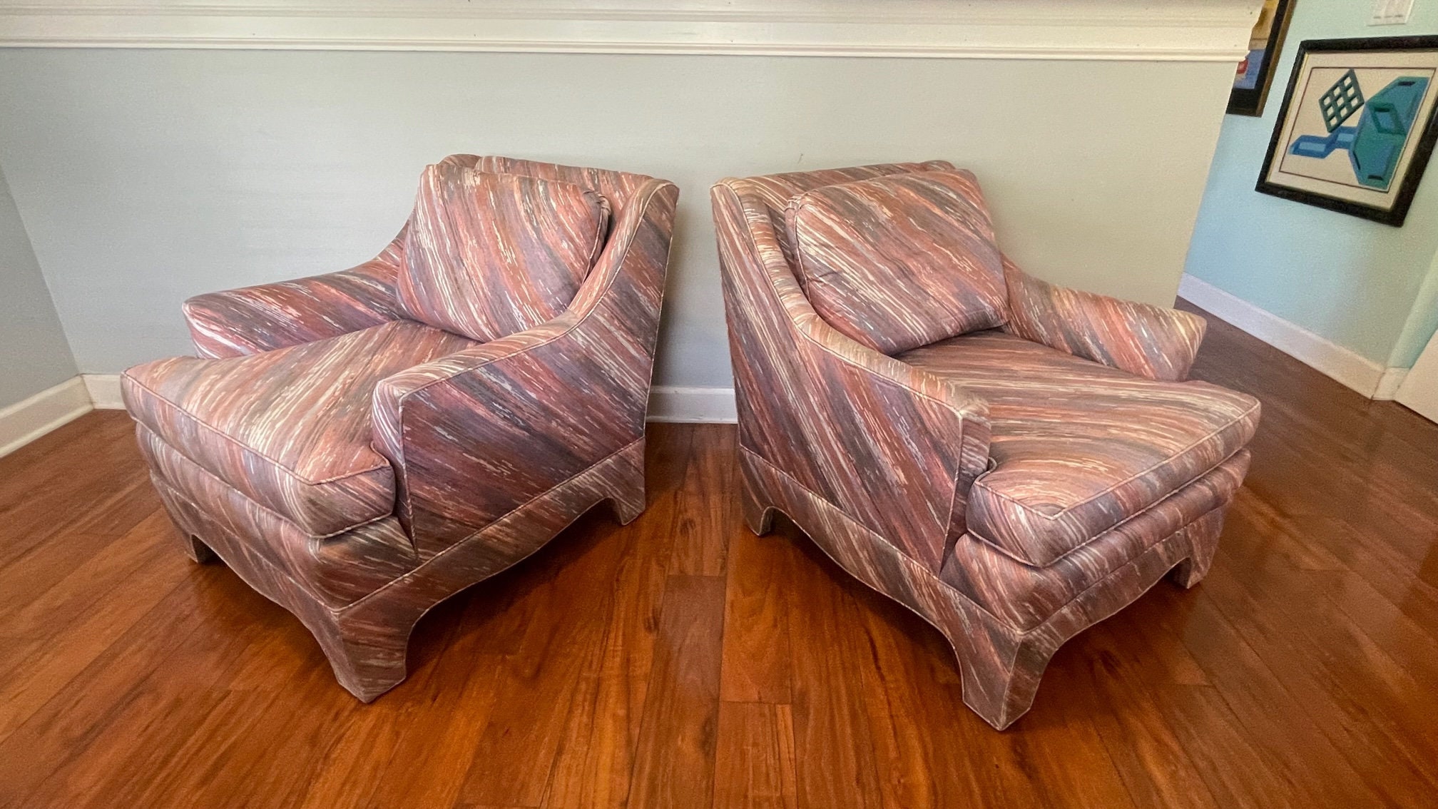 Pair of Pearson Club Chairs Purple Pink Diagonal Stripe