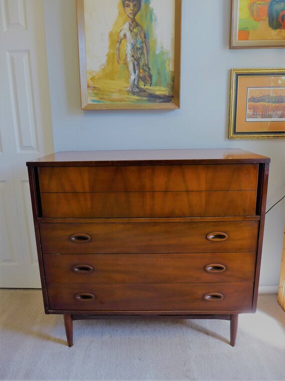 Dixie Highboy Walnut Dresser Mid Century Chest Of 4 Drawers Image 0