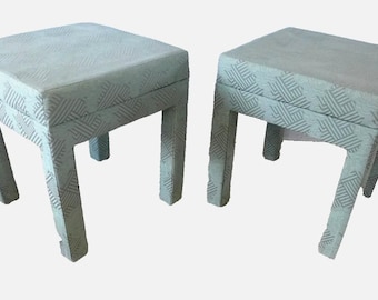 Pair of Vintage Parsons Ottomans Pillow Top Stools Seafoam Green Blue Abstract MCM Postmodern Pattern Fabric Clouds Design 2 Stacking Stools