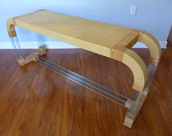 Waterfall Console Table Grasscloth and Glass Hollywood Regency Rattan Wrapped Hall Entry Table Glass Legs Mid Century Modern Sofa Table