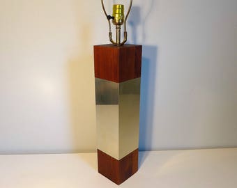 Laurel Rosewood and Chrome Tall Table Lamp Mid Century Modern Solid Wood Square Column Lighting Hollywood Regency Mirror Lamp