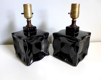 Pair of Black Gloss Ceramic Art Deco Cube Lamps Vintage Matching Bedside Lights Mid Century Modern