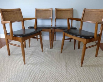 4 Vintage Mid Century Dining Chairs Grass Cloth Backs Black Faux Leather Upholstery Solid Wood Frames Set of Chairs 2 Armchair 2 Side