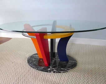 Memphis Design Marble and Glass Coffee Table 1980s Colorful Abstract Postmodern Heavy Oval Table Peter Shire Inspired