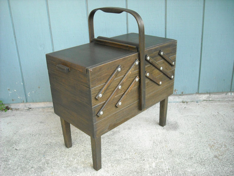 Singer Wood Accordion Style Sewing Box on Legs Folding Storage Etsy