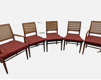 Set of 5 Mid Century Modern Cane Back Dining Chairs Walnut Finish Vintage Eames Era Chair Burgundy Cushions and Upholstered Seat 2 Armchair